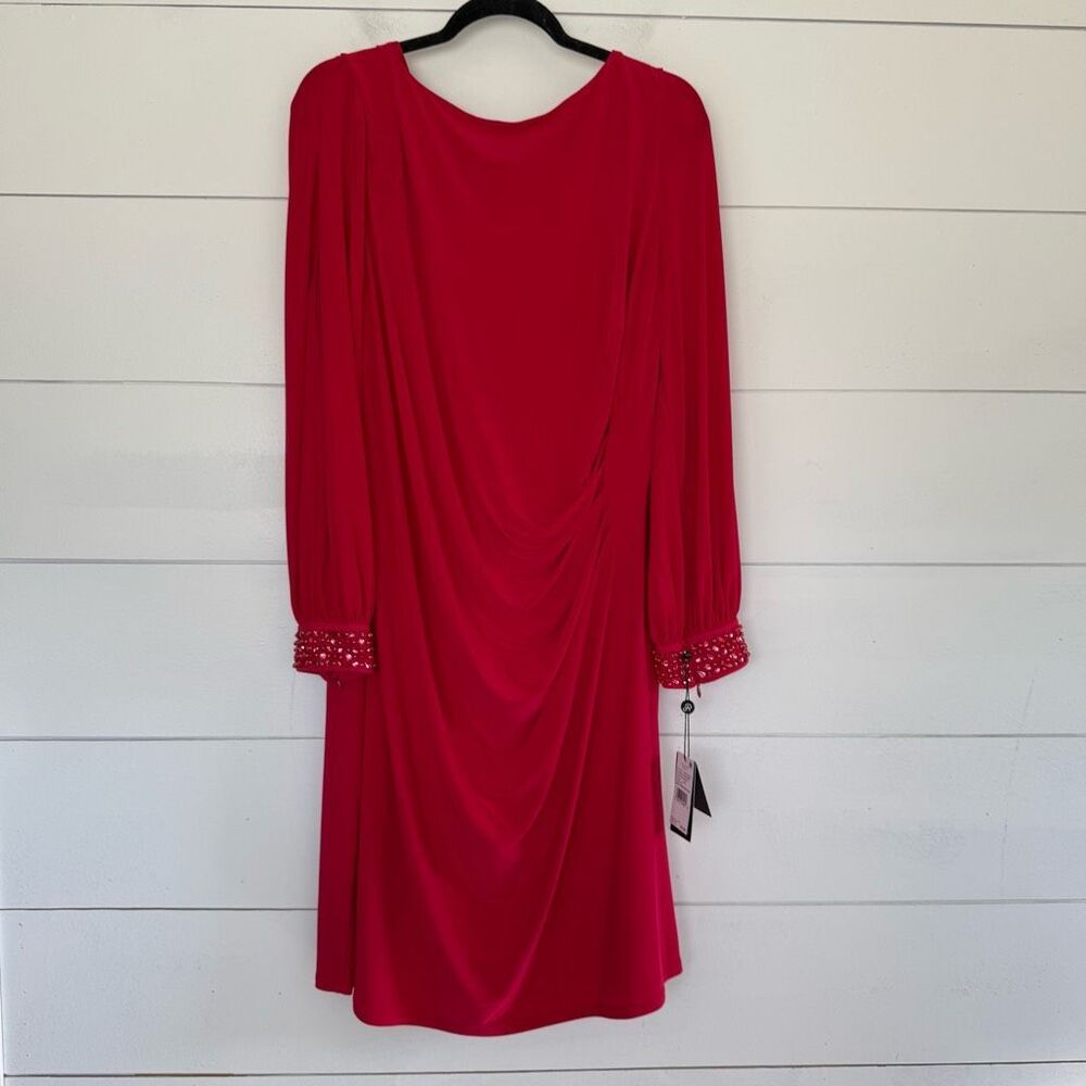 Adrianna Papell women’s 18W Red Hot Ruby Rhinestone Long Sleeve Dress New